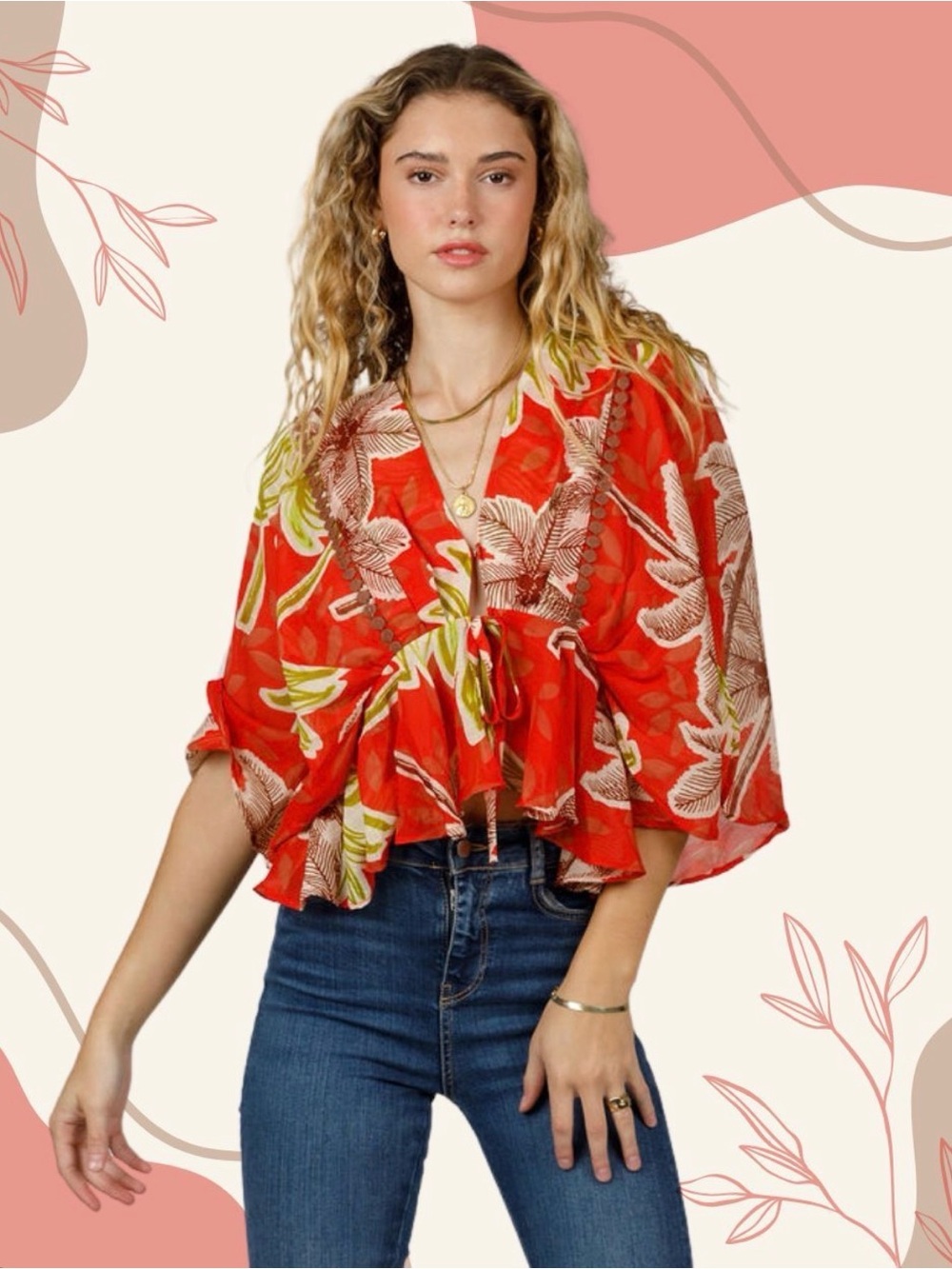 NWT Band of the Free Anthia Red Floral Tie-Front Women's Batwing Top Size L